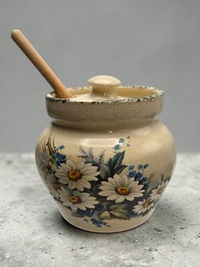 VTG Casey Pottery Marshall TX Hand Painted Daisy Honey Pot & Dipper Stoneware